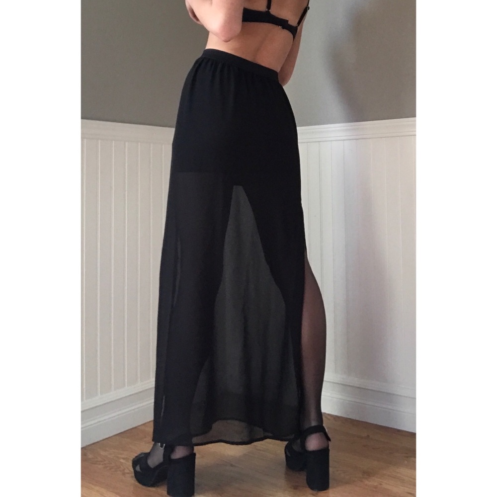 Black Mesh Maxi Skirt, Maxi Skirt with Slit, Mesh